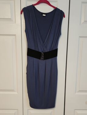VENUS Slate Blue V-Neck Midi Dress with Black Elastic Waistband